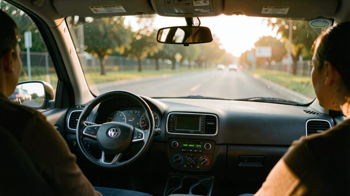 Intérieur d'une voiture d'auto-école, volant et rétroviseur au petit matin